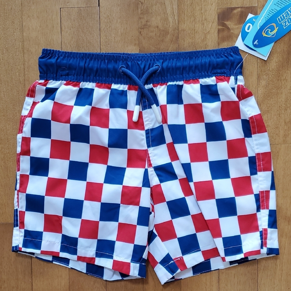Boys Wave Zone Patriotic Checkerboard Swim Trunks Size XS 5 Sm 6/7 4th Of July